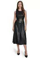 Women's Vegan Leather Belted Fit and Flare Dress