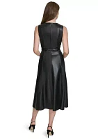 Women's Vegan Leather Belted Fit and Flare Dress