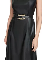 Women's Vegan Leather Belted Fit and Flare Dress