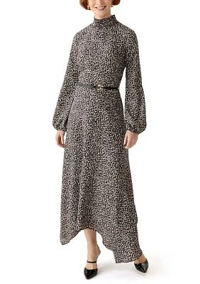 Women's Animal Printed Belted Midi Dress