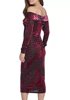 Women's Long Sleeve Off the Shoulder Velvet Midi Sheath Dress