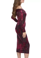 Women's Long Sleeve Off the Shoulder Velvet Midi Sheath Dress