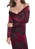 Women's Long Sleeve Off the Shoulder Velvet Midi Sheath Dress