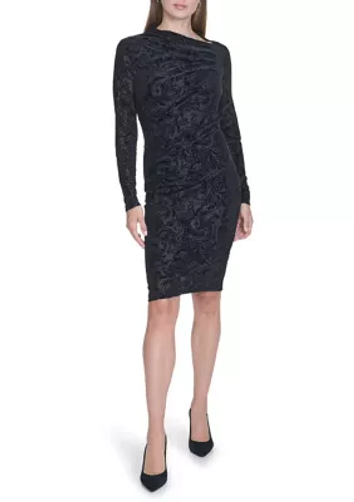 Women's Long Sleeve Asymmetrical Neck Side Ruch Printed Sheath Dress