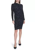 Women's Long Sleeve Asymmetrical Neck Side Ruch Printed Sheath Dress