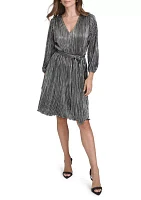 Women's Long Sleeve V-Neck Belted Solid Foil Fit and Flare Dress