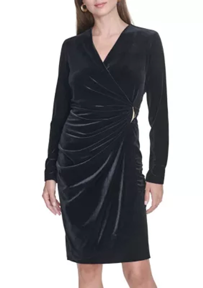 Women's Long Sleeve V-Neck Side Ruch Solid Velvet Sheath Dress