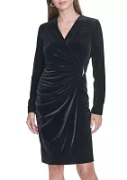 Women's Long Sleeve V-Neck Side Ruch Solid Velvet Sheath Dress