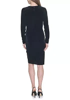 Women's Long Sleeve V-Neck Side Ruch Solid Velvet Sheath Dress