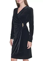 Women's Long Sleeve V-Neck Side Ruch Solid Velvet Sheath Dress