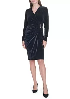 Women's Long Sleeve V-Neck Side Ruch Solid Velvet Sheath Dress