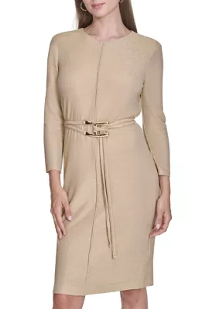 Women's 3/4 Sleeve Crew Neck Belted Solid Knit Midi Sheath Dress