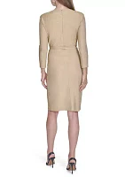 Women's 3/4 Sleeve Crew Neck Belted Solid Knit Midi Sheath Dress