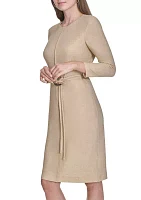 Women's 3/4 Sleeve Crew Neck Belted Solid Knit Midi Sheath Dress