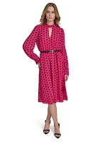 Women's Long Puff Sleeve Keyhole Belted Dot Print Midi Fit and Flare Dress