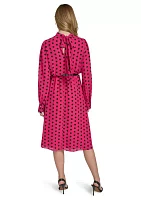 Women's Long Puff Sleeve Keyhole Belted Dot Print Midi Fit and Flare Dress