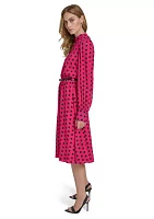 Women's Long Puff Sleeve Keyhole Belted Dot Print Midi Fit and Flare Dress