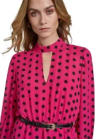 Women's Long Puff Sleeve Keyhole Belted Dot Print Midi Fit and Flare Dress