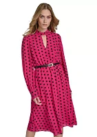 Women's Long Puff Sleeve Keyhole Belted Dot Print Midi Fit and Flare Dress