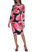 Women's Long Sleeve Crew Neck Floral Print Midi Sheath Dress