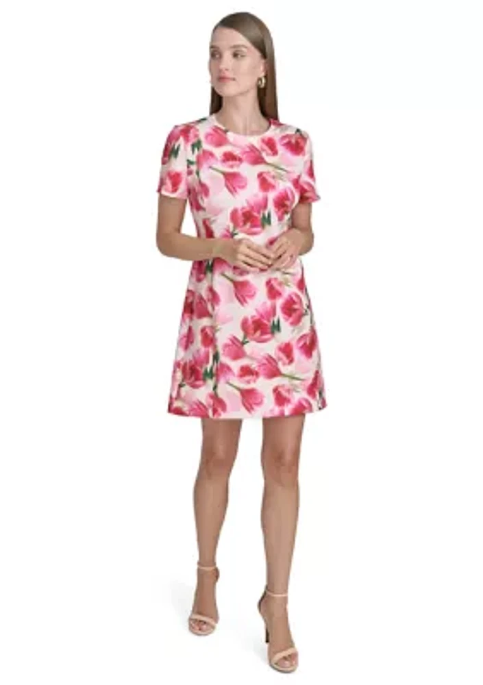 Women's Short Sleeve Crew Neck Floral Print Sheath Dress