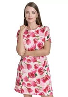 Women's Short Sleeve Crew Neck Floral Print Sheath Dress