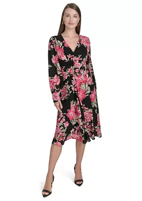 Women's Long Sleeve Mesh V-Neck Floral Print Fit and Flare Dress