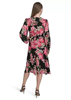 Women's Long Sleeve Mesh V-Neck Floral Print Fit and Flare Dress