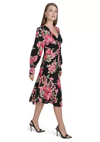 Women's Long Sleeve Mesh V-Neck Floral Print Fit and Flare Dress