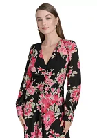 Women's Long Sleeve Mesh V-Neck Floral Print Fit and Flare Dress