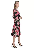 Women's Long Sleeve Mesh V-Neck Floral Print Fit and Flare Dress