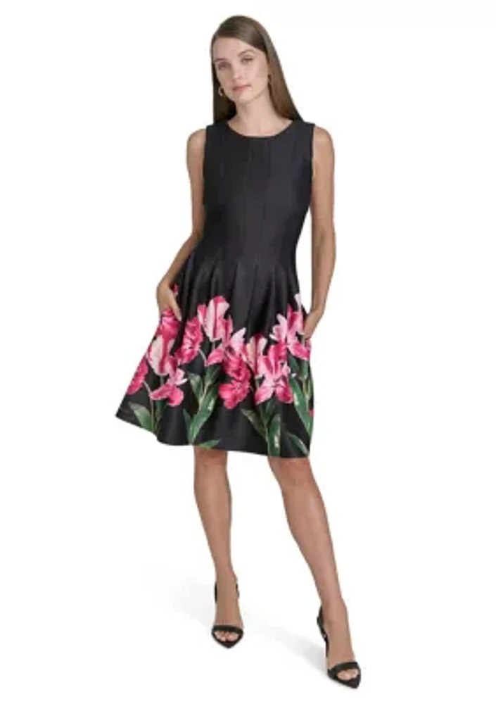 Women's Sleeveless Crew Neck Floral Print A-Line Dress