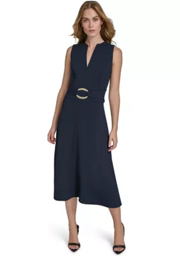 Women's Sleeveless V-Neck Belted Midi Fit and Flare Dress