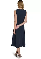 Women's Sleeveless V-Neck Belted Midi Fit and Flare Dress