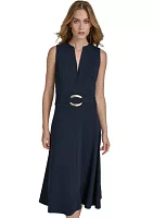 Women's Sleeveless V-Neck Belted Midi Fit and Flare Dress