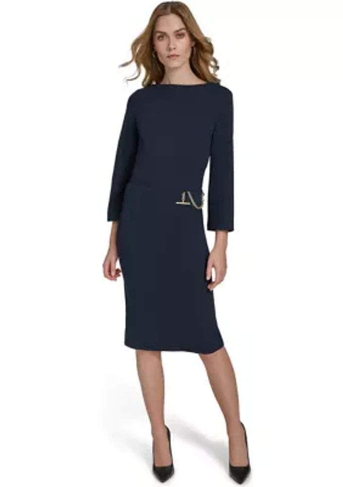 Women's 3/4 Sleeve Wide Boat Neck Belted Midi Sheath Dress