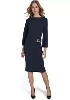 Women's 3/4 Sleeve Wide Boat Neck Belted Midi Sheath Dress