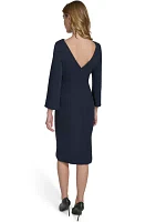 Women's 3/4 Sleeve Wide Boat Neck Belted Midi Sheath Dress