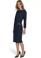 Women's 3/4 Sleeve Wide Boat Neck Belted Midi Sheath Dress