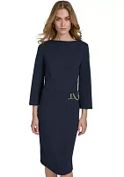 Women's 3/4 Sleeve Wide Boat Neck Belted Midi Sheath Dress