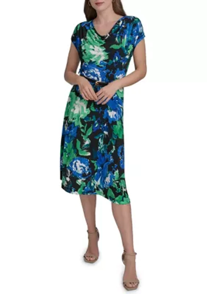 Women's Short Sleeve Cowl Neck Floral Print Belted Midi Fit and Flare Dress