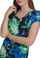 Women's Short Sleeve Cowl Neck Floral Print Belted Midi Fit and Flare Dress