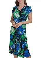 Women's Short Sleeve Cowl Neck Floral Print Belted Midi Fit and Flare Dress