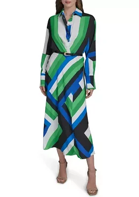 Women's Long Sleeve Collared Geometric Print Belted Midi Fit and Flare Dress