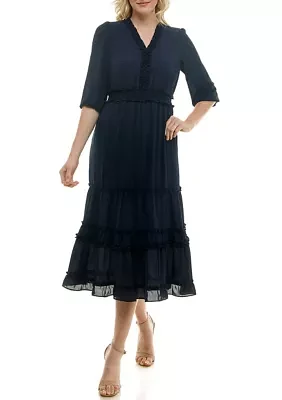 Women's 3/4 Sleeve V-Neck Solid Tiered Chiffon A-Line Dress