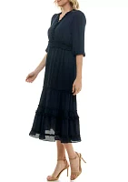 Women's 3/4 Sleeve V-Neck Solid Tiered Chiffon A-Line Dress