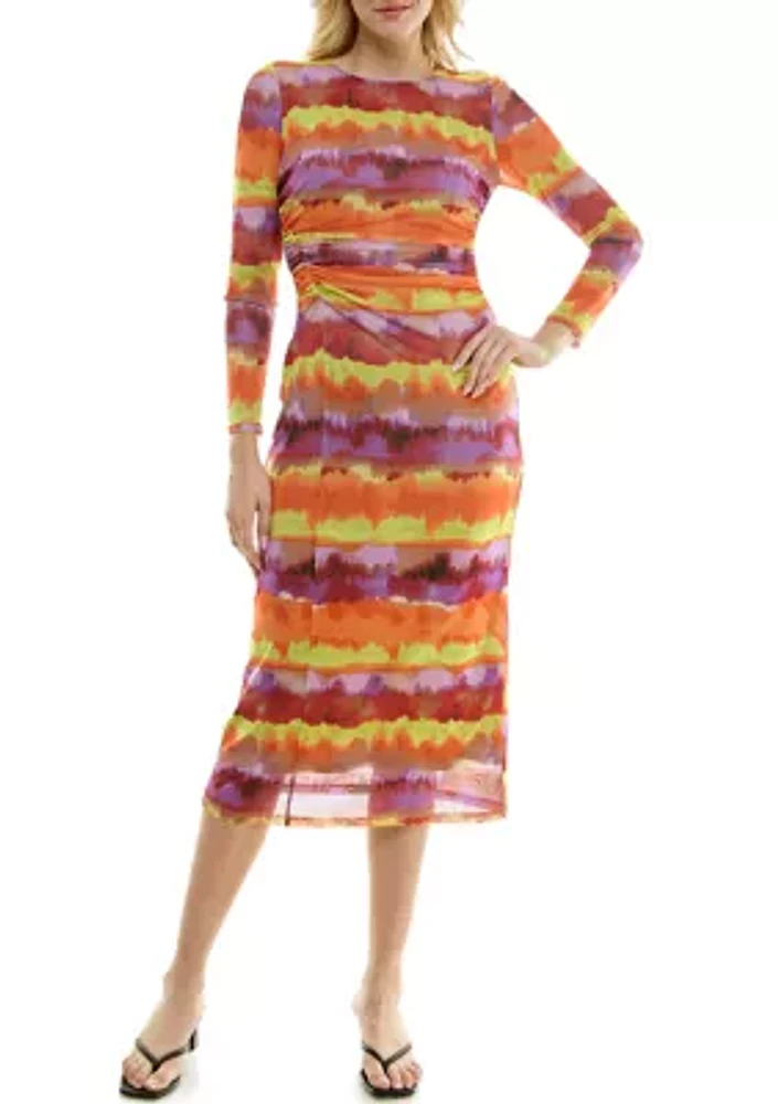 Women's Long Sleeve Crew Neck Printed Mesh Midi A-Line Dress