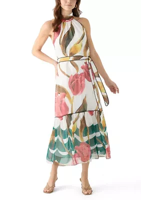 Women's Sleeveless Halter Neck Floral Print A-Line Dress