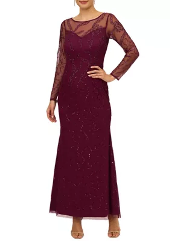 Women's Beaded Long Sleeve Mermaid Gown