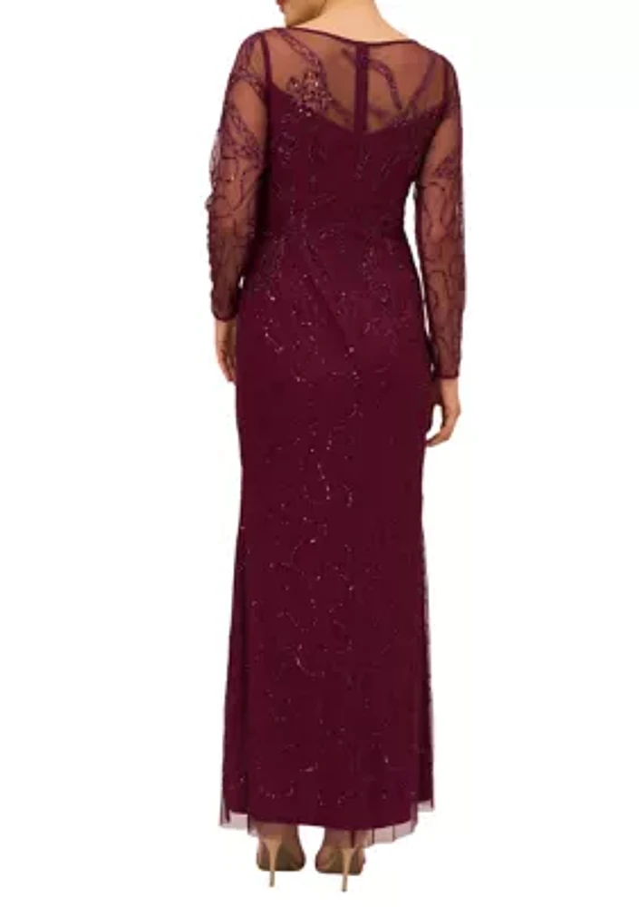 Women's Beaded Long Sleeve Mermaid Gown